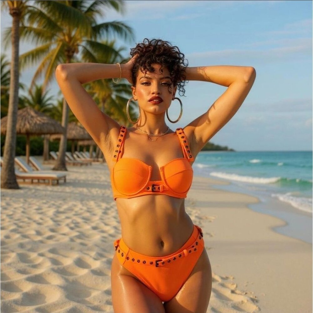 Poster Grl โฆ Sun Showers Buckle Bikini Set โฆ Vibrant Orange Y2K Poolside Glam XS - Picture 5 of 7